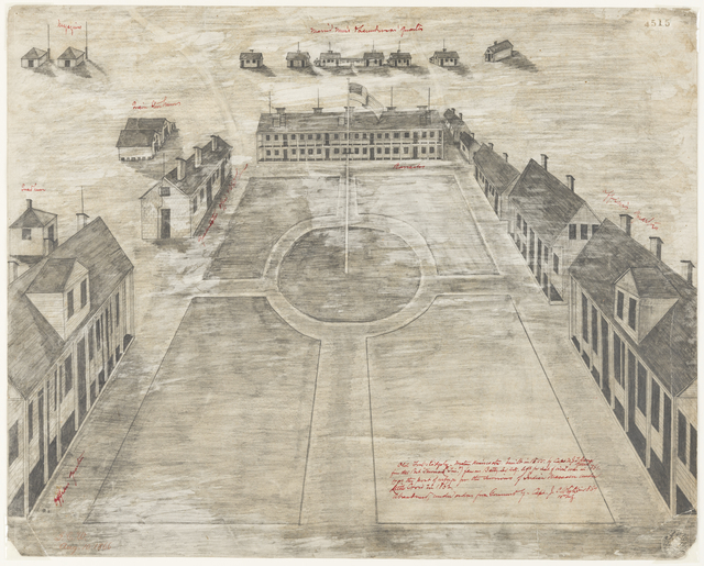 Bird's-eye view of a fort parade ground, with a flag flying from a flag pole at center.